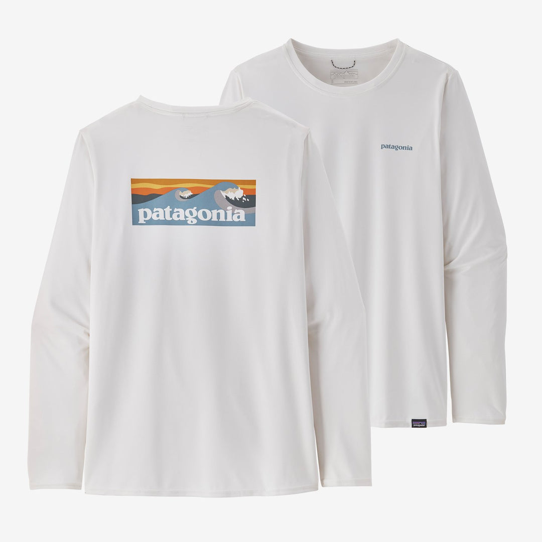 Patagonia W's Long-Sleeved Capilene® Cool Daily Graphic Shirt: Boardshort Logo Light Plume Grey - White